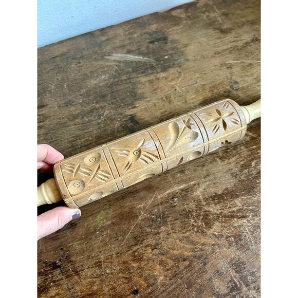 Vintage Springerle Carved Wooden Rolling Pin | Scandinavian Shortbread Cookies - Picture 2 of 8